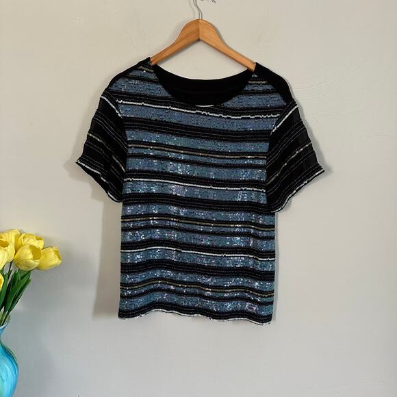 Anthropologie Maeve Cameron Blue & Black Sequin Striped Top - Picture 3 of 9